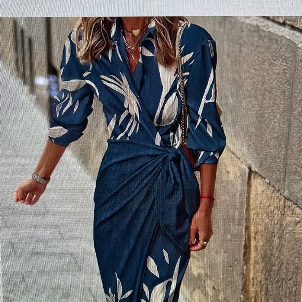 Elegant Blue Floral Wrap Dress